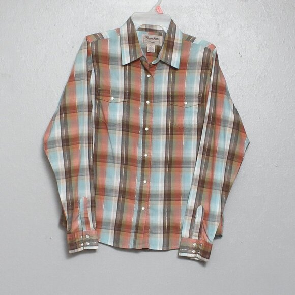 Wrangler wrancher Pearl snap plaid cotton western cowboy button up shirt - Picture 1 of 5